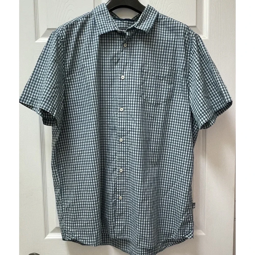 The North Face Men's XL Button Up Shirt Short Sleeve Green White Gingham Outdoor